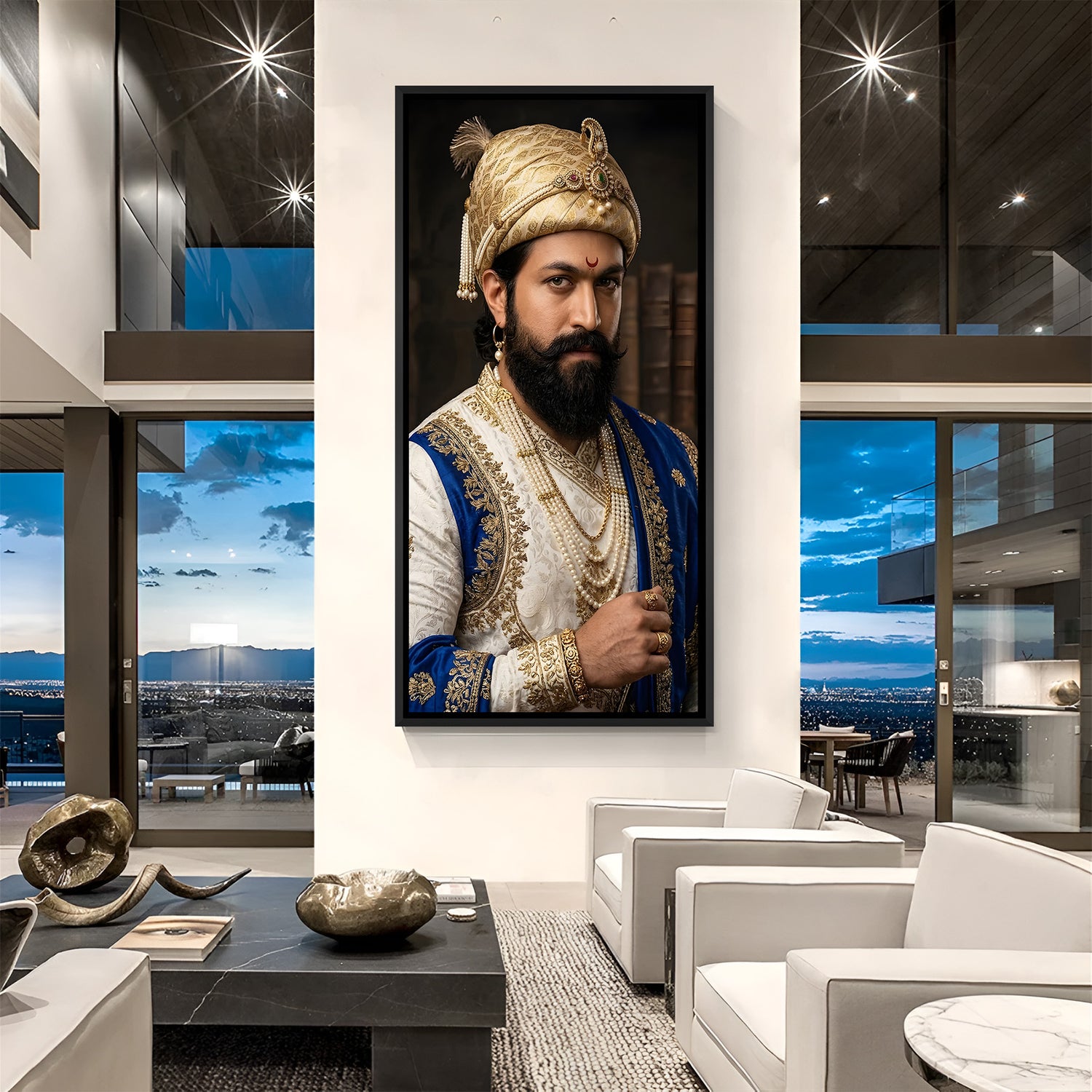 Chhatrapati Shivaji Maharaj wall painting in elegant black floater frame featuring regal blue and gold attire