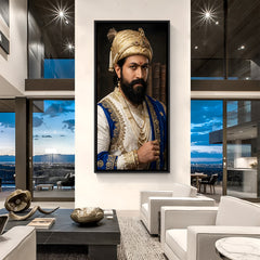 Chhatrapati Shivaji Maharaj wall painting in elegant black floater frame featuring regal blue and gold attire
