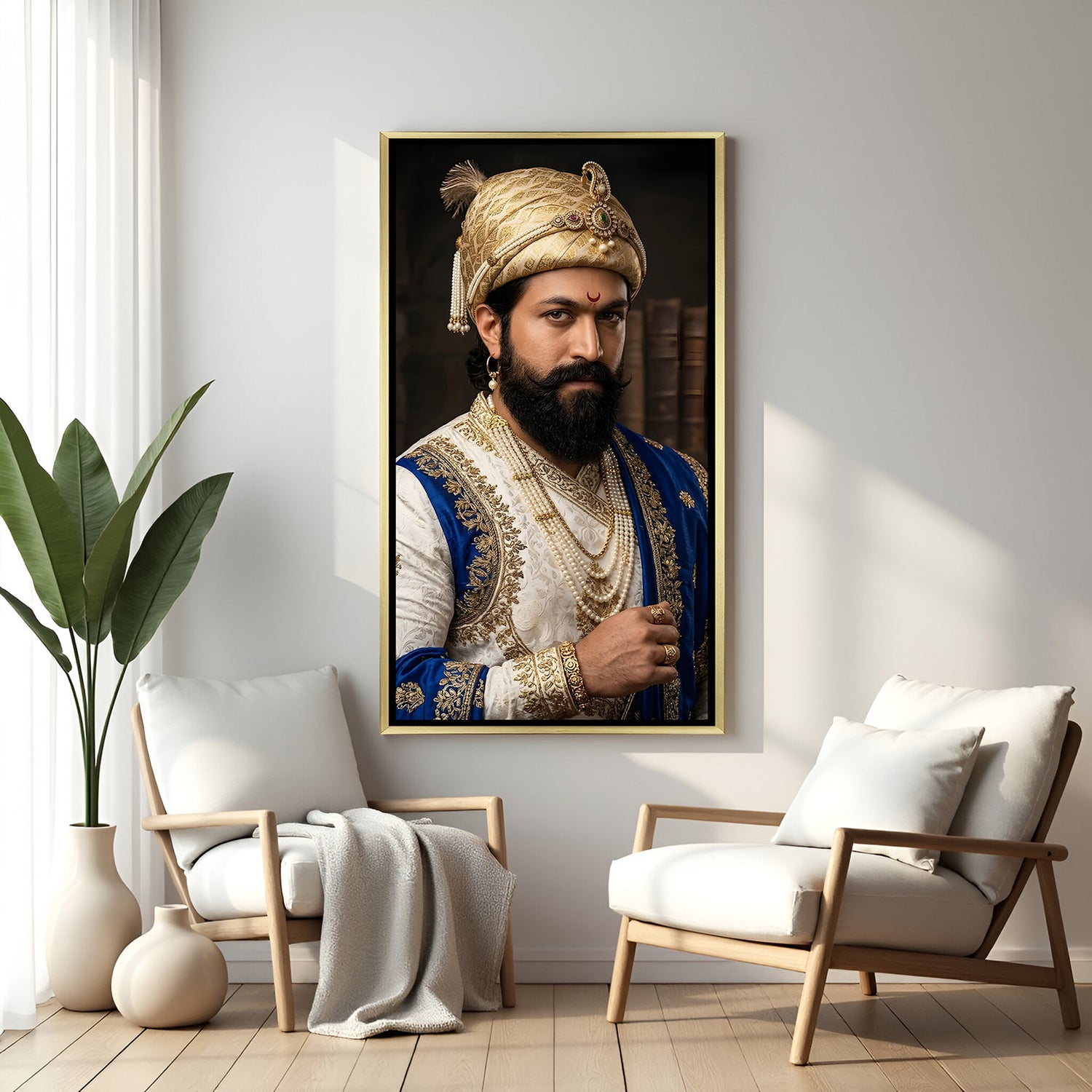 Chhatrapati Shivaji Maharaj artwork in luxury golden floater frame showcasing a majestic royal portrait