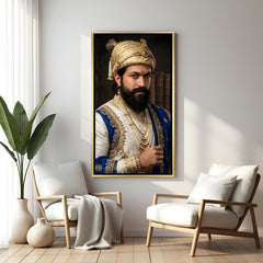 Chhatrapati Shivaji Maharaj artwork in luxury golden floater frame showcasing a majestic royal portrait