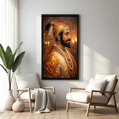 Chhatrapati Shivaji Maharaj side profile wall painting in elegant black floater frame with royal attire