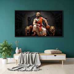 Chhatrapati Shivaji Maharaj wall painting in elegant black floater frame featuring royal throne and lion sculptures
