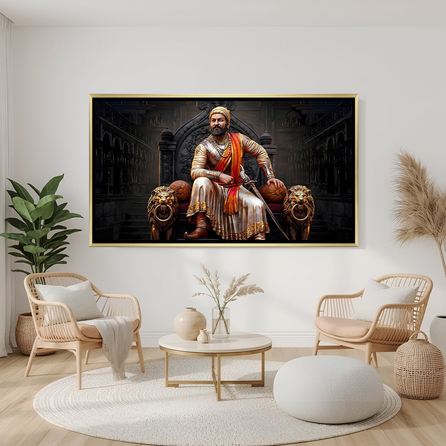 Chhatrapati Shivaji Maharaj artwork in luxury golden floater frame with royal palace and throne backdrop