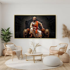 Chhatrapati Shivaji Maharaj artwork in luxury golden floater frame with royal palace and throne backdrop