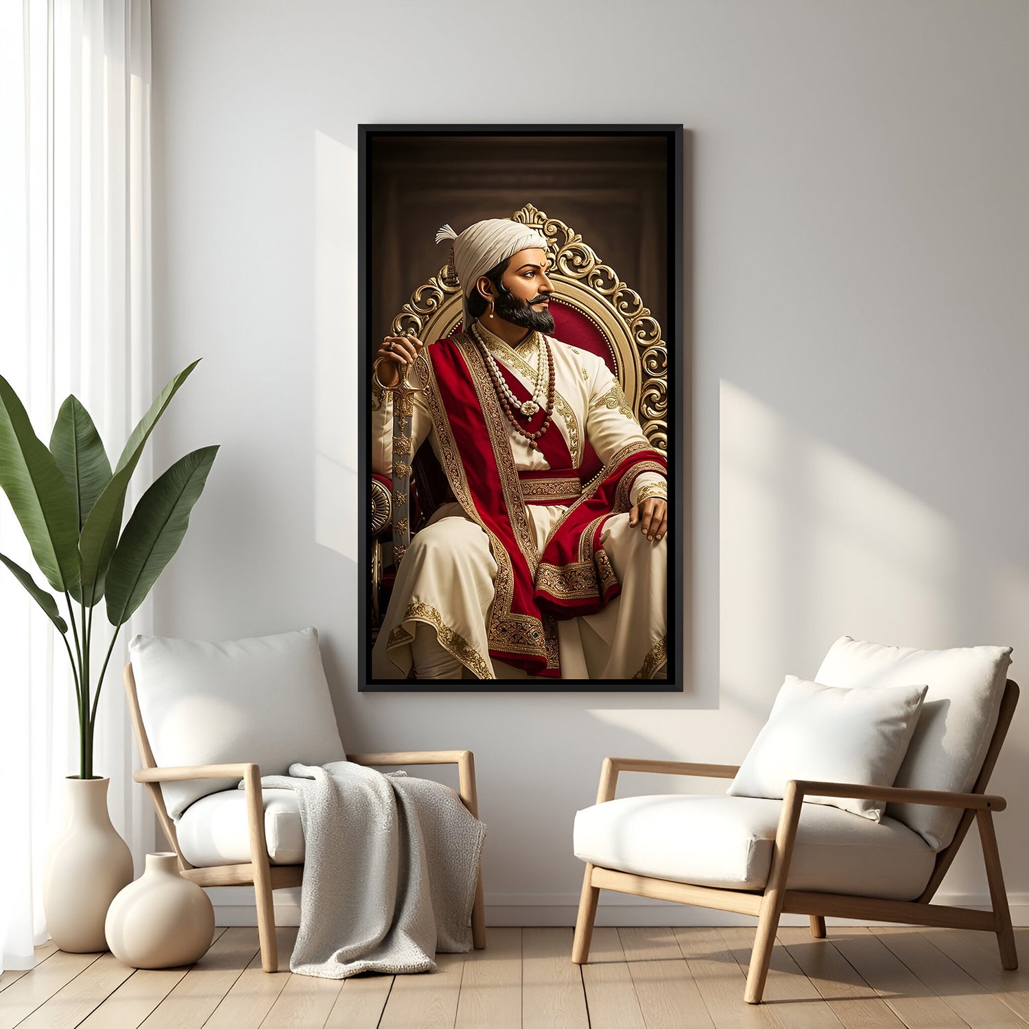 Chhatrapati Shivaji Maharaj sitting like a king with sword wall art in elegant black floater frame