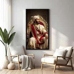 Chhatrapati Shivaji Maharaj sitting like a king with sword wall art in elegant black floater frame