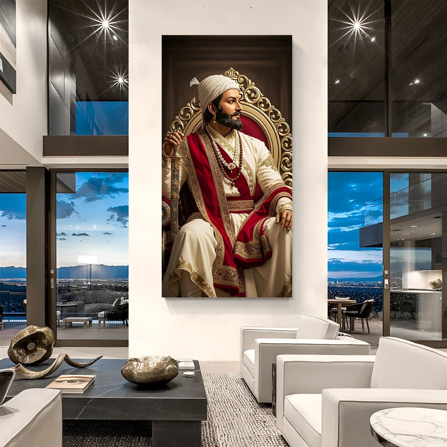 Chhatrapati Shivaji Maharaj seated on a royal throne holding a sword canvas wall art in premium canvas wrapped frame