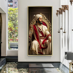 Chhatrapati Shivaji Maharaj royal throne artwork holding a sword in luxury golden floater frame