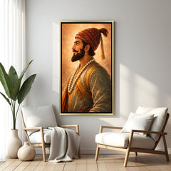 Chhatrapati Shivaji Maharaj side pose artwork in luxury golden floater frame featuring royal Maratha heritage