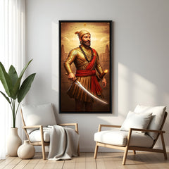 Chhatrapati Shivaji Maharaj standing with sword wall painting in elegant black floater frame