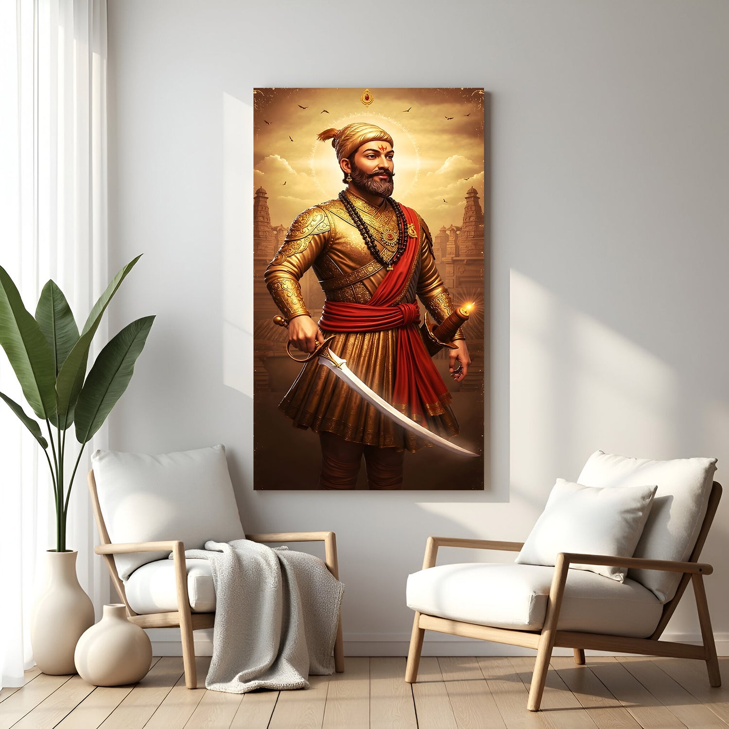 Chhatrapati Shivaji Maharaj standing with sword canvas wall art in premium canvas wrapped frame