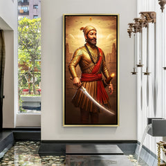 Chhatrapati Shivaji Maharaj standing with sword artwork in luxury golden floater frame