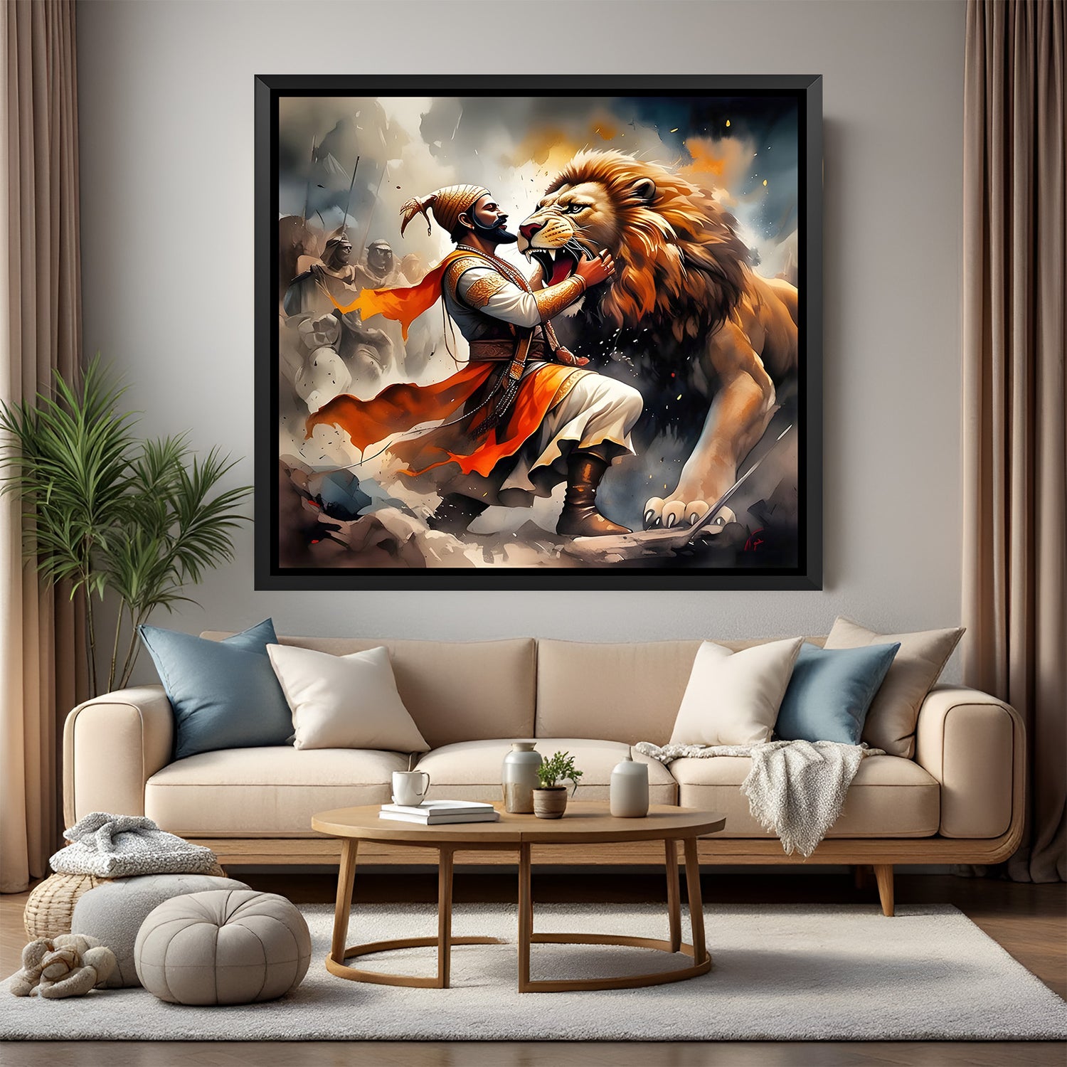 Chhatrapati Shivaji Maharaj fighting a tiger wall art in elegant black floater frame with powerful action composition