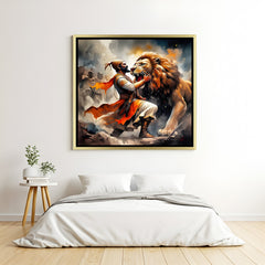 Chhatrapati Shivaji Maharaj warrior artwork battling a tiger in luxury golden floater frame