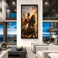 Chhatrapati Shivaji Maharaj on horseback holding a sword during battle in elegant black floater frame