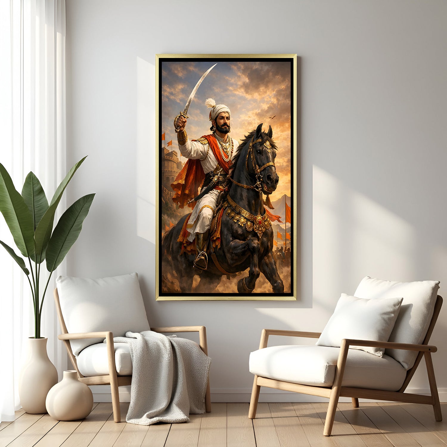 Chhatrapati Shivaji Maharaj battlefield artwork on horseback with sword in luxury golden floater frame