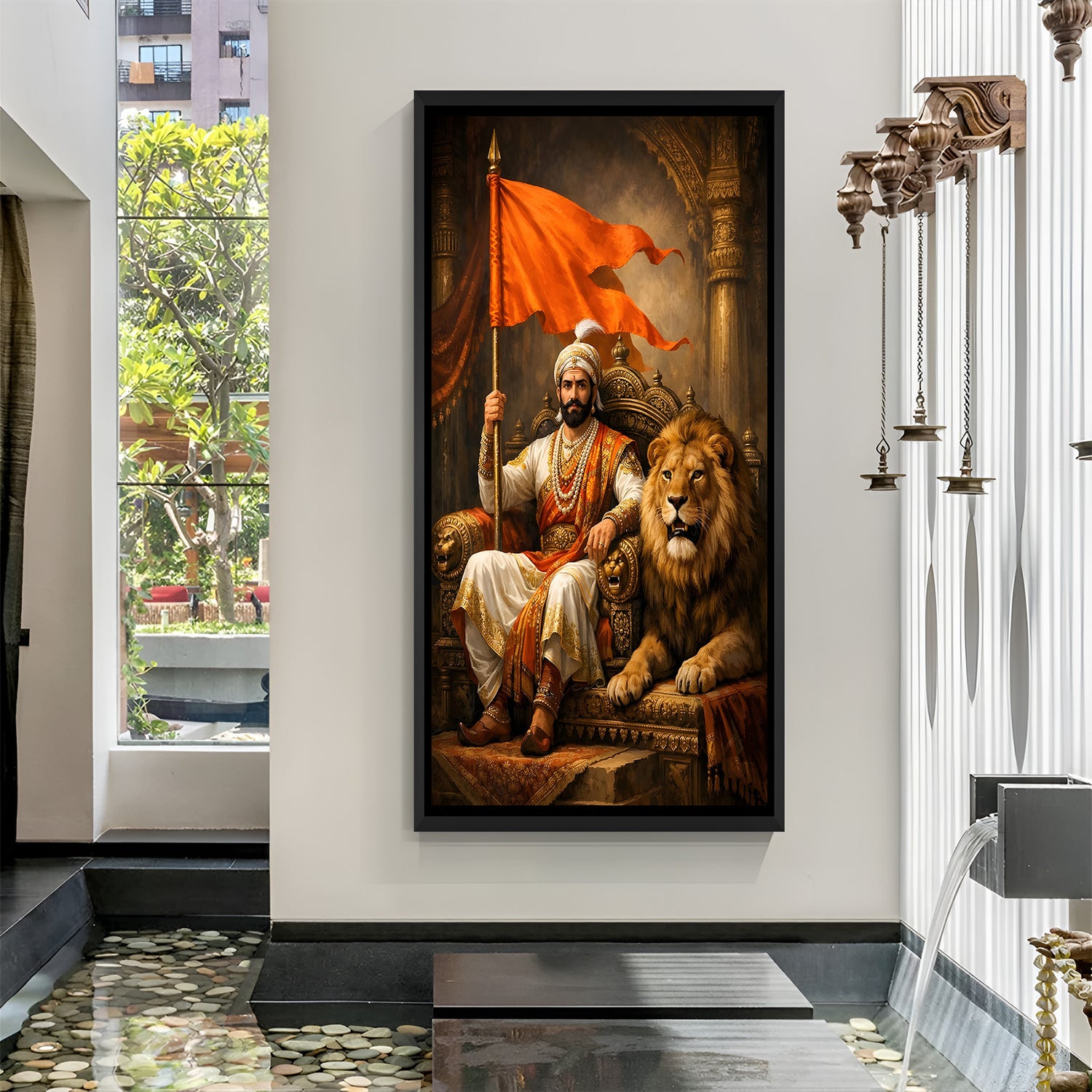 Chhatrapati Shivaji Maharaj with tiger and orange Bhagwa flag wall art in elegant black floater frame