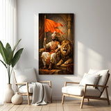 Chhatrapati Shivaji Maharaj sitting with a tiger and holding a saffron Bhagwa flag canvas wall art in premium canvas wrapped frame