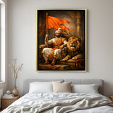 Chhatrapati Shivaji Maharaj artwork with tiger and saffron flag in luxury golden floater frame