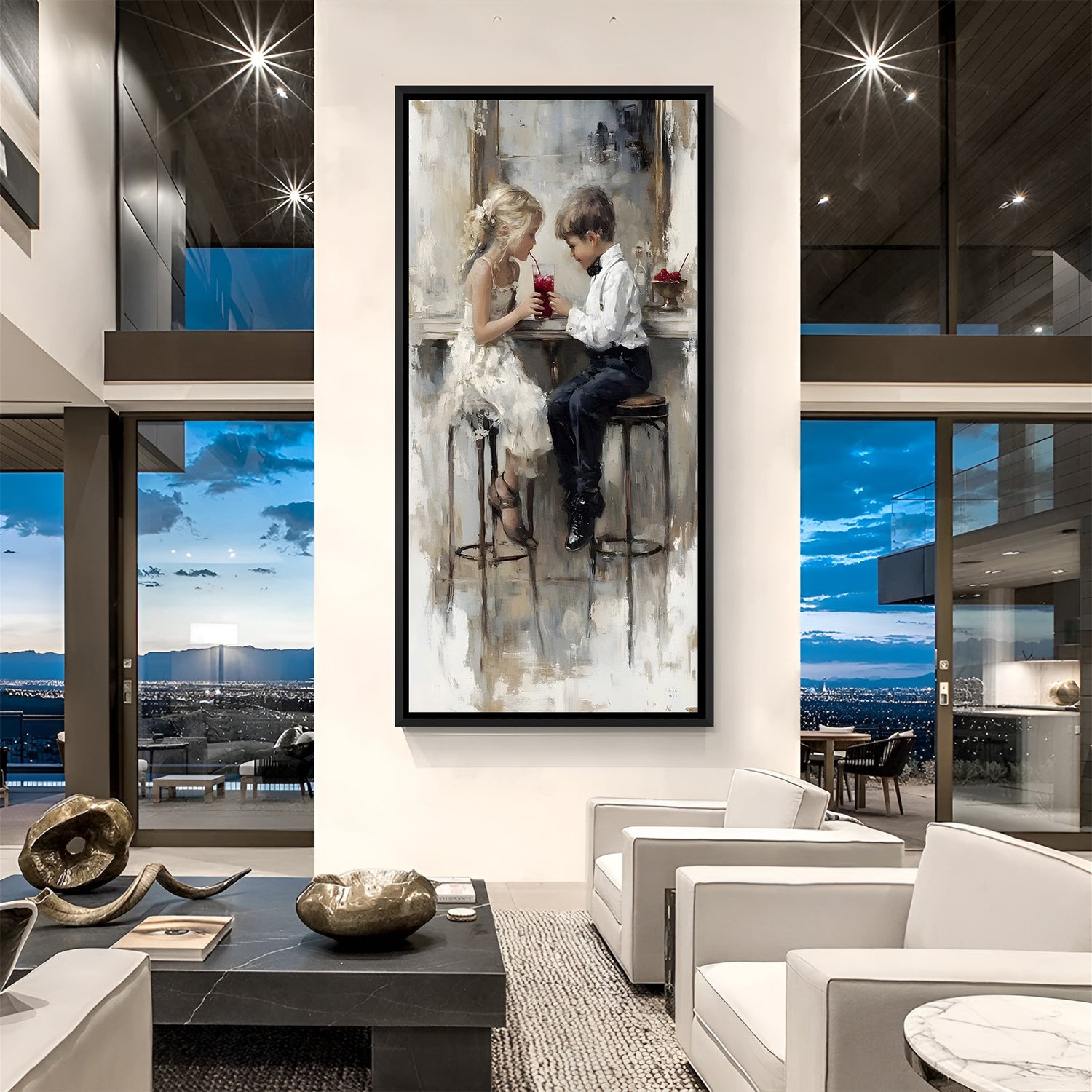 Modern childhood artwork of little boy and girl sitting together in elegant black floater frame