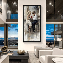 Modern childhood artwork of little boy and girl sitting together in elegant black floater frame