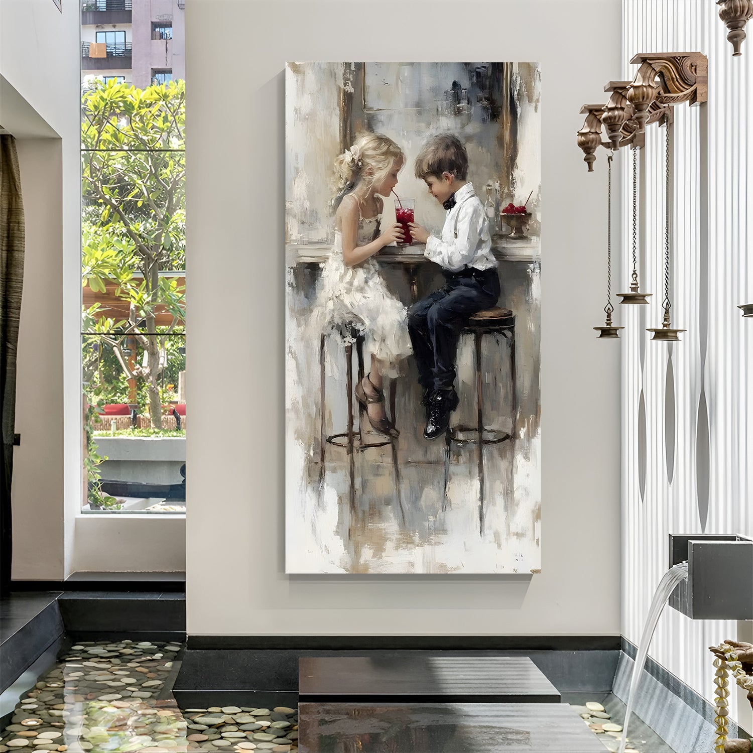 Little girl and boy sitting on chair with girl drinking juice modern art canvas wall painting in canvas wrapped frame