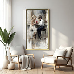Cute modern canvas painting of children sitting on chair with juice in white floater frame for playful interiors