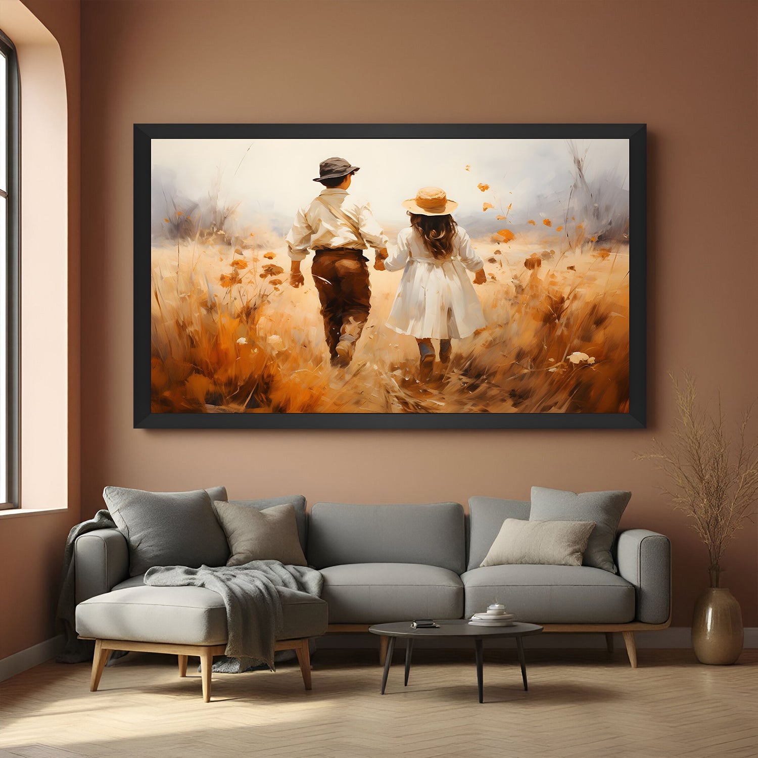 Hand painted children walking in field canvas wall art in black floater frame – vintage painting