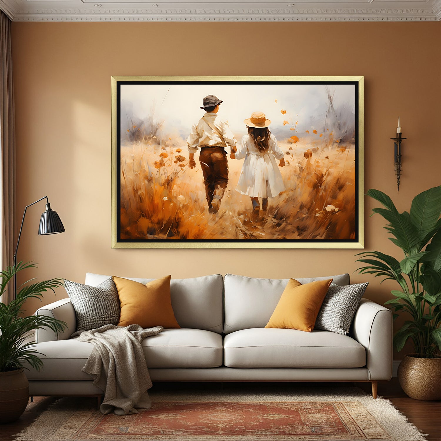 Hand painted children walking in field canvas wall art in golden floater frame – handmade vintage wall art