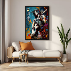 Man playing guitar colorful modern canvas wall painting in black floater frame
