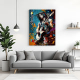 Colorful modern art canvas of a man playing guitar in expressive painted style canvas wrapped frame