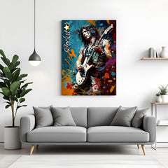Colorful modern art canvas of a man playing guitar in expressive painted style canvas wrapped frame