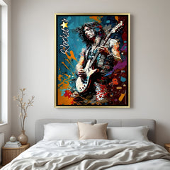 Vibrant modern guitar player artwork canvas in luxury golden floater frame with colorful expression