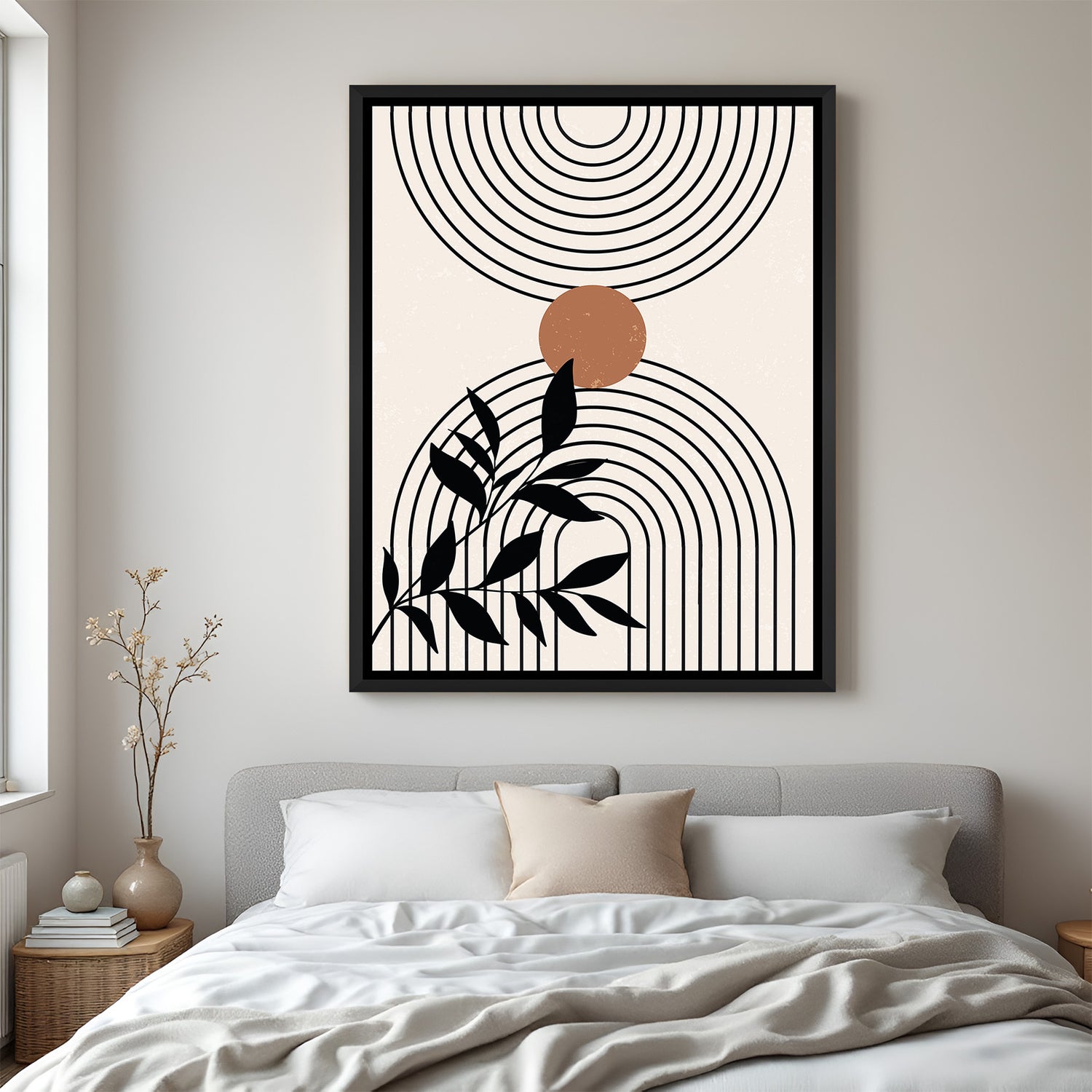 Minimal boho canvas print with circular lines and dark botanical leaf stem in black floater frame
