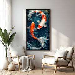 Orange and white twin koi fish artwork with yin yang symbolism in elegant black floater frame