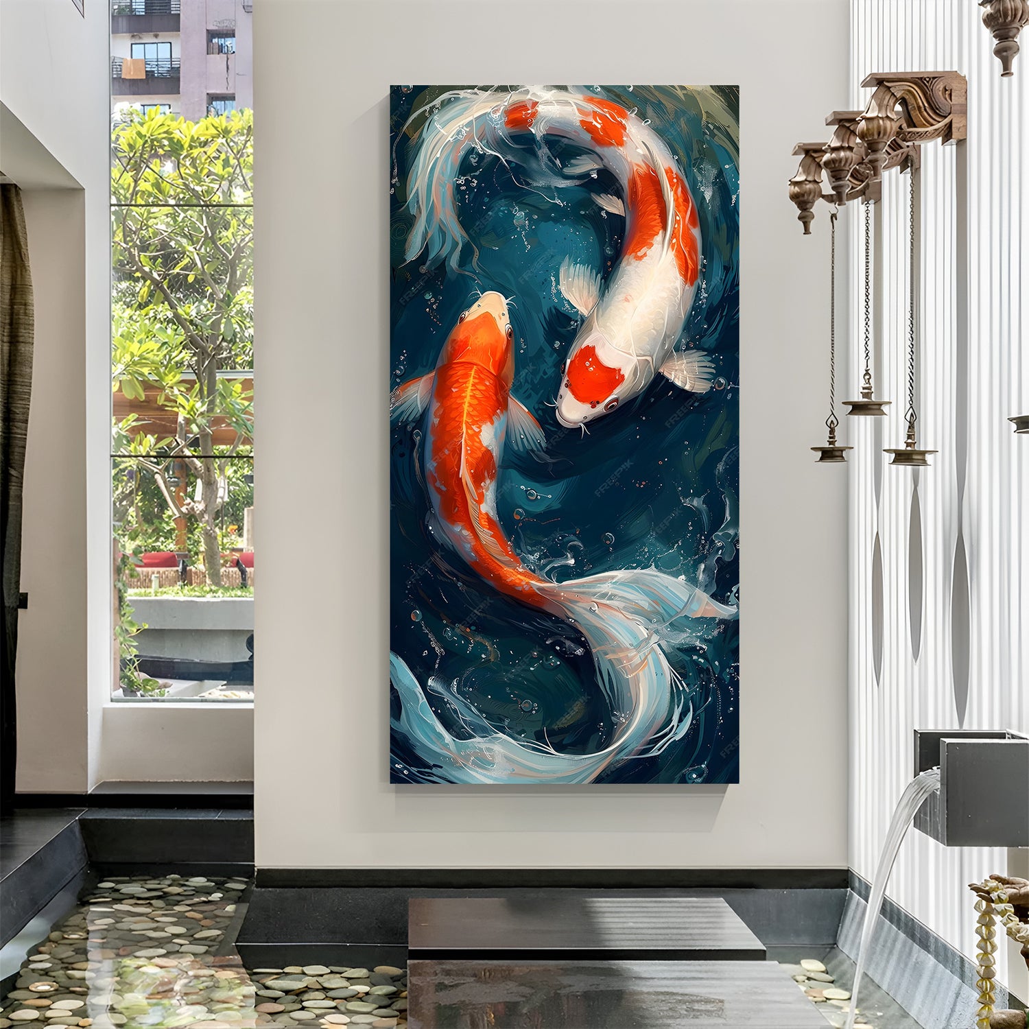 Two orange and white koi fish swimming in a circular yin yang formation in premium canvas wrapped frame
