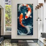 Two orange and white koi fish swimming in a circular yin yang formation in premium canvas wrapped frame