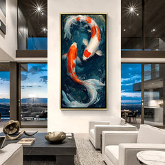 Circle of Prosperity Yin Yang Koi artwork in luxury golden floater frame featuring two fish in circular motion