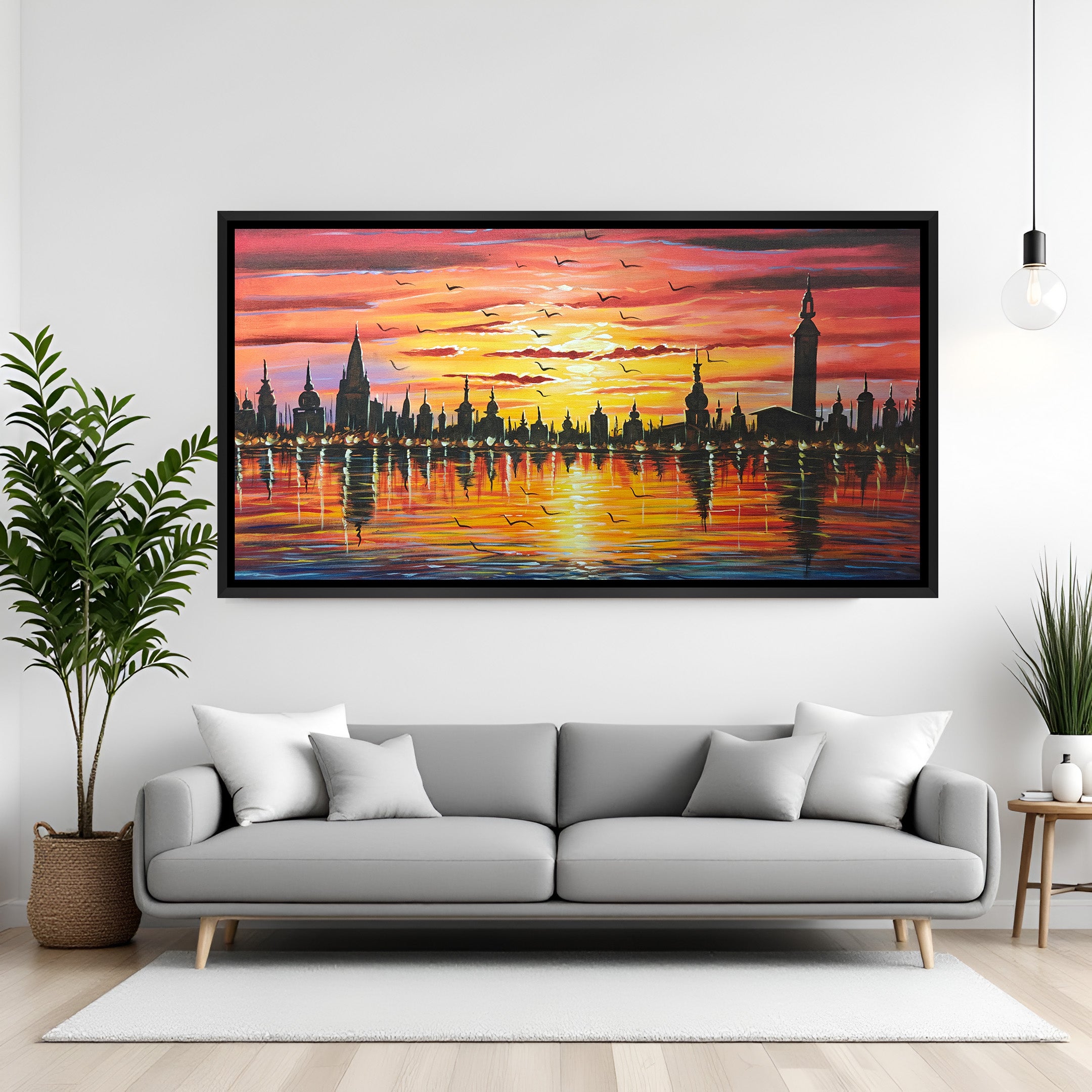 City Skyline Sunset Hand Painting – Original Canvas Artwork