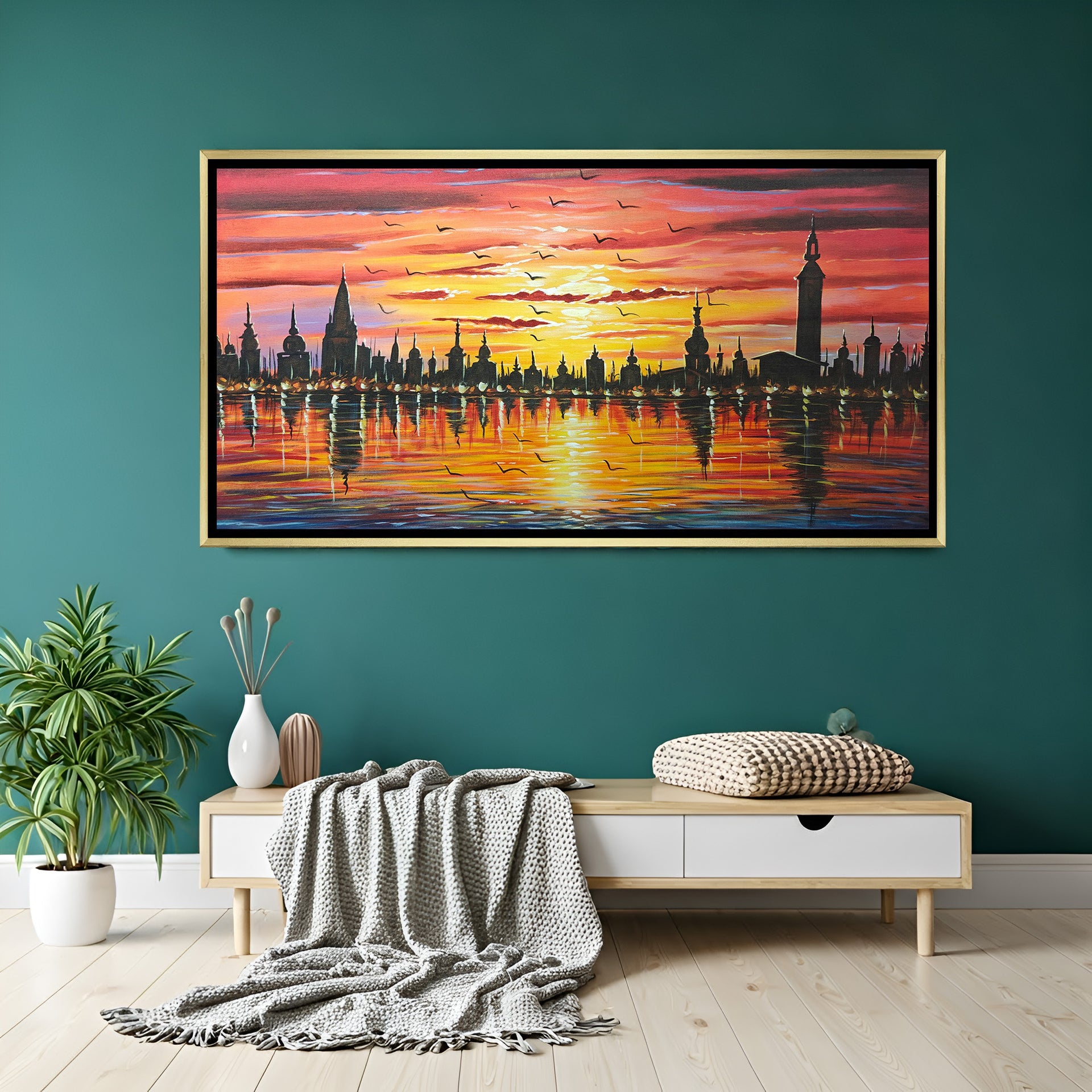 City skyline sunset painting