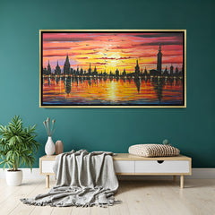 City skyline sunset hand painting in golden floater frame – original collectible canvas artwork for modern décor