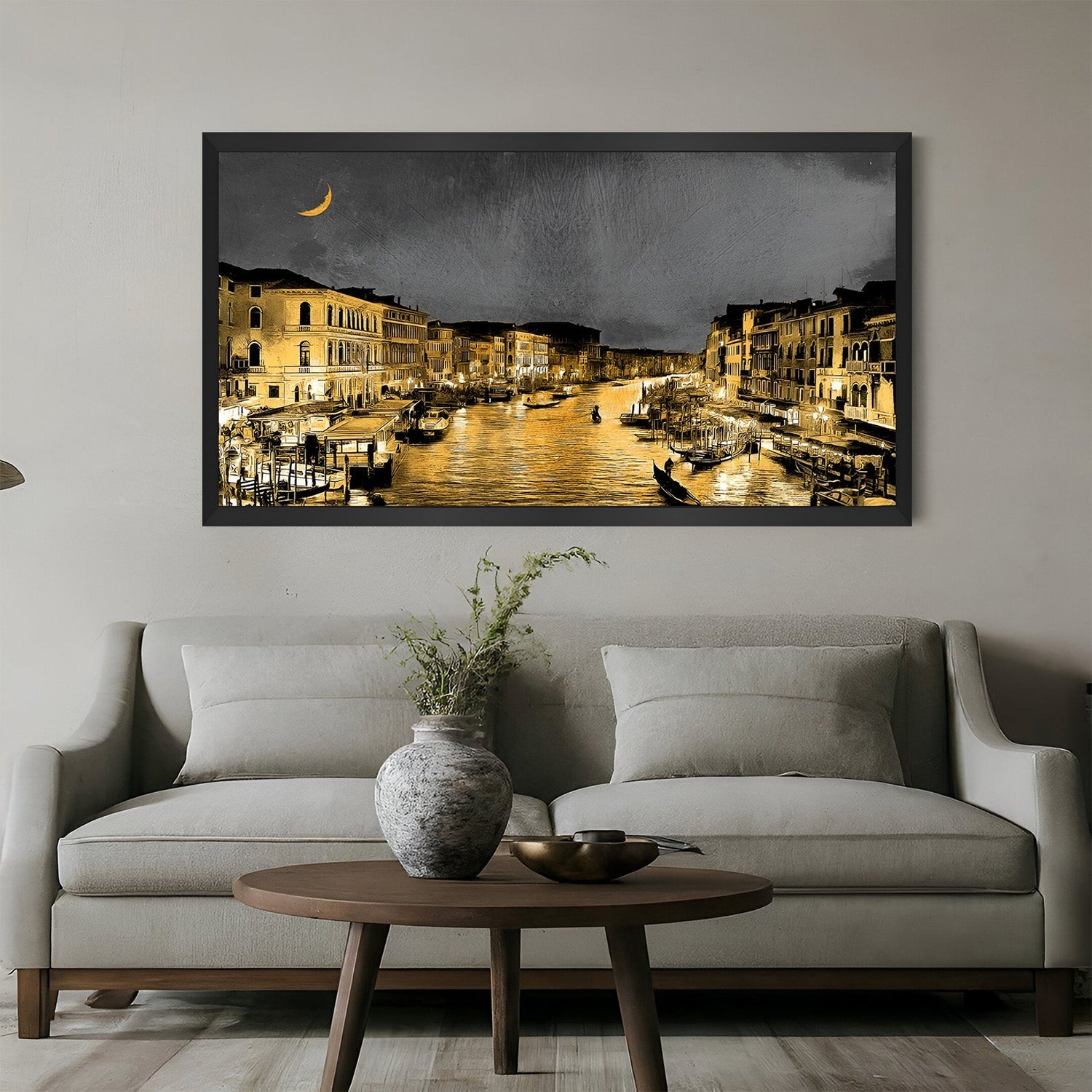Night city skyline wall art with black floater frame – large abstract canvas print of buildings and water for urban home and office decor