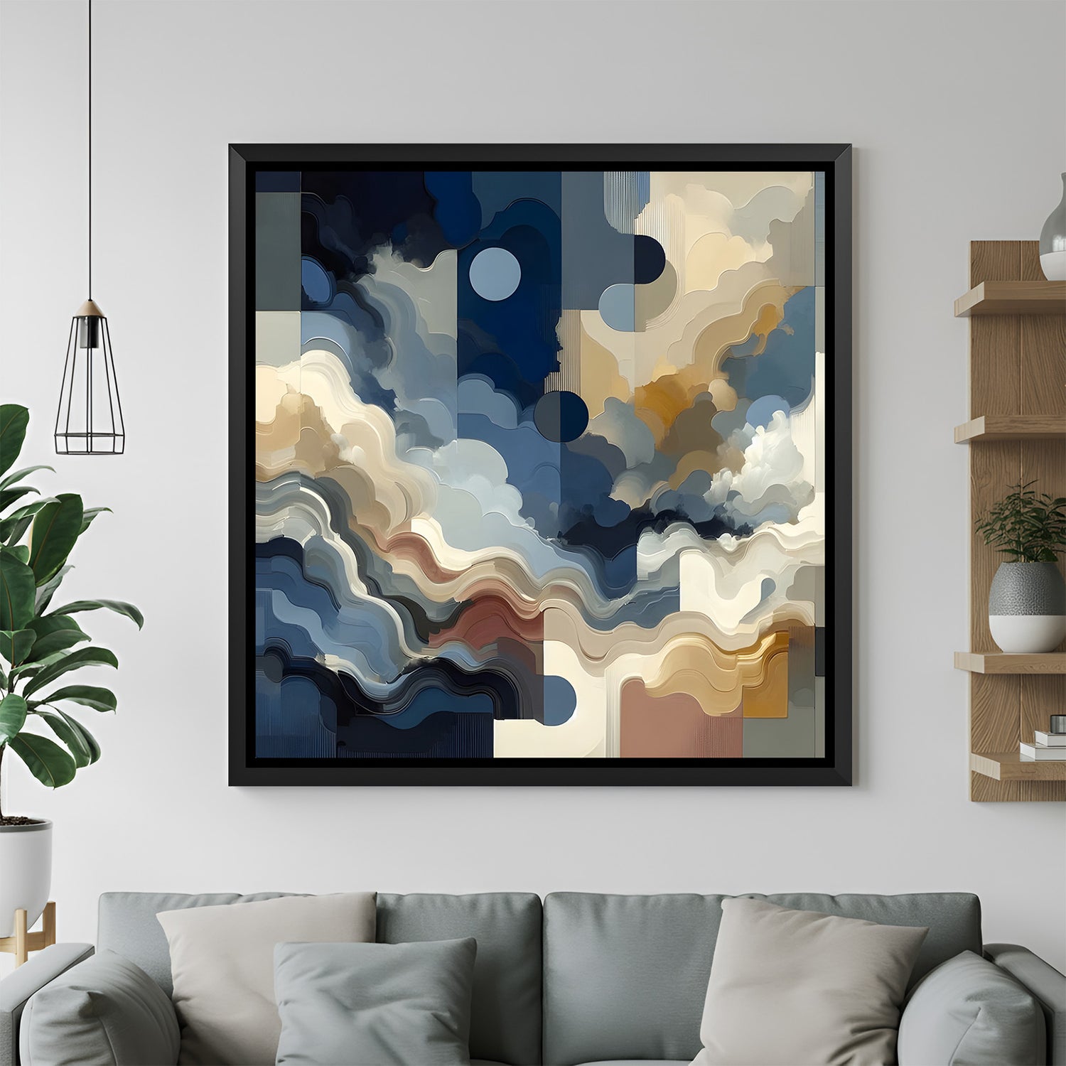 Modern abstract cloud painting in black floater frame