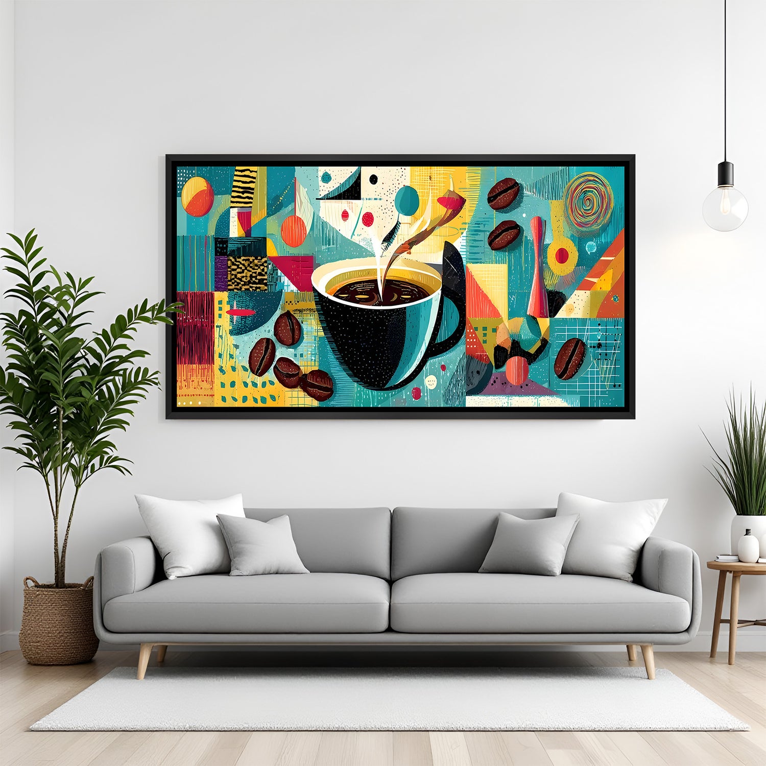 Modern coffee cup wall art in elegant black floater frame with contemporary cafe-inspired artistic design