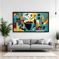 Modern coffee cup wall art in elegant black floater frame with contemporary cafe-inspired artistic design