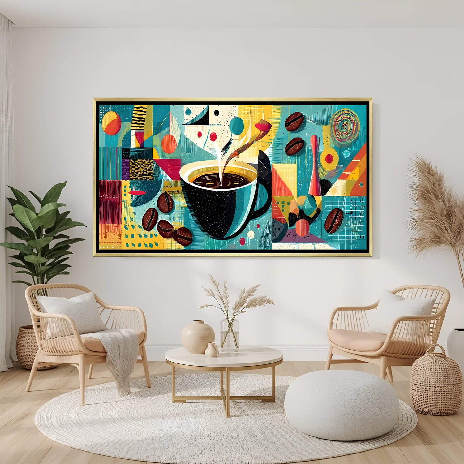 Coffee pouring into cup modern canvas artwork in wooden frame perfect for cafe and kitchen decor