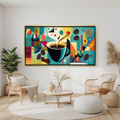 Coffee pouring into cup modern canvas artwork in wooden frame perfect for cafe and kitchen decor