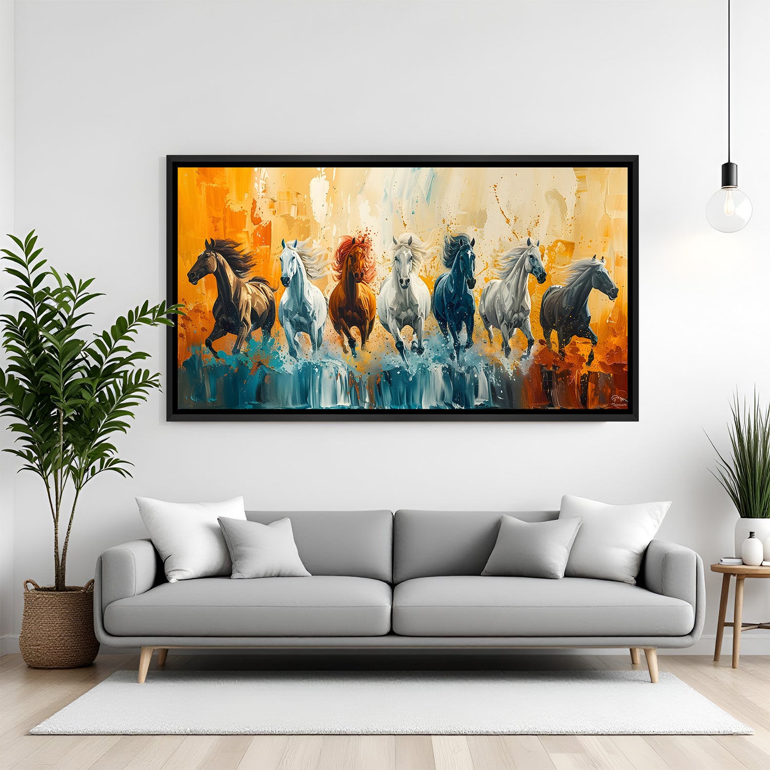 Abstract seven running horses painting in black floater frame for modern home decor