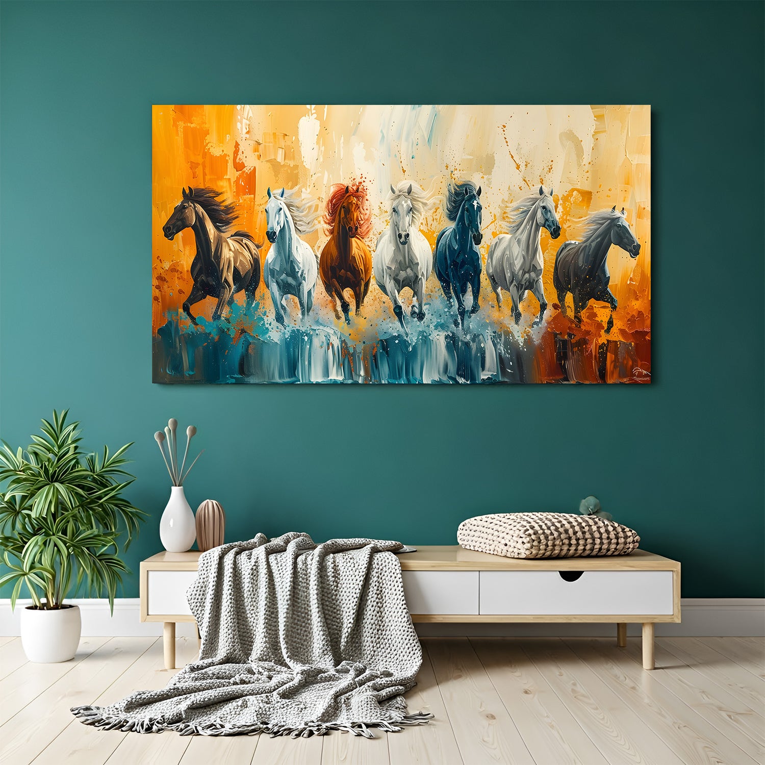 Colorful 7 running horses abstract wall art in canvas wrapped frame for living room
