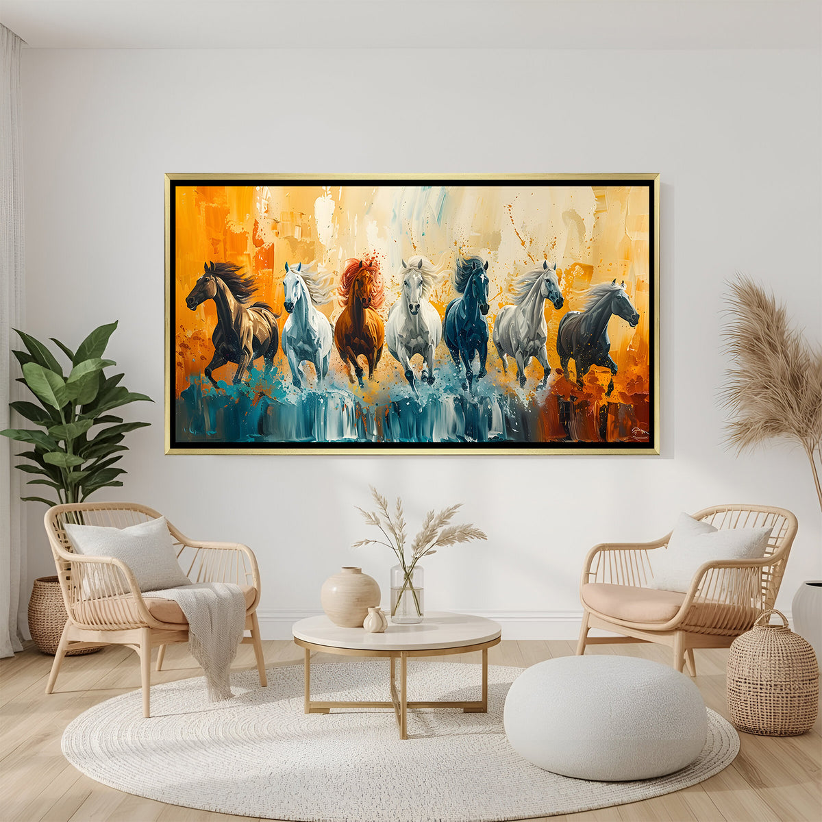 Luxury colorful 7 running horses wall art in golden floater frame for office and home